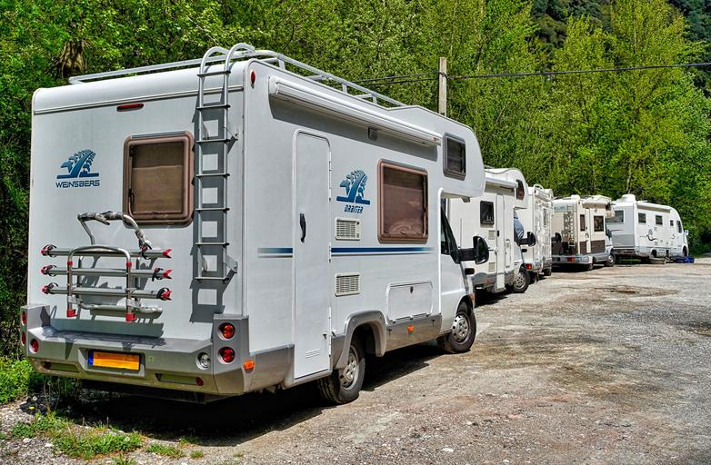line of RVs waiting