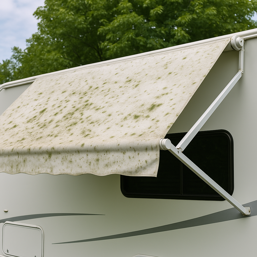 Extended RV awning covered in mold