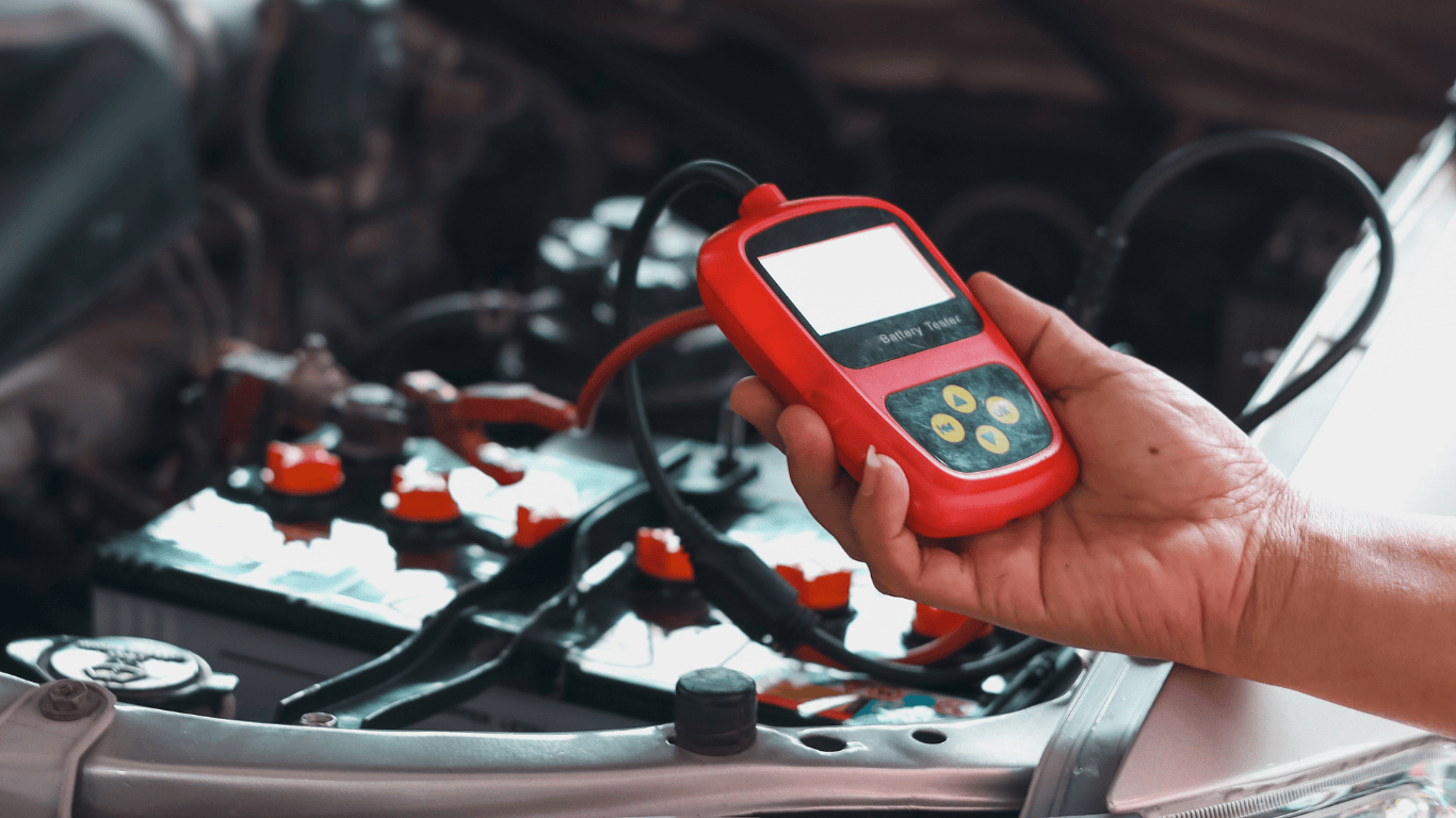 a battery tester on an RV battery