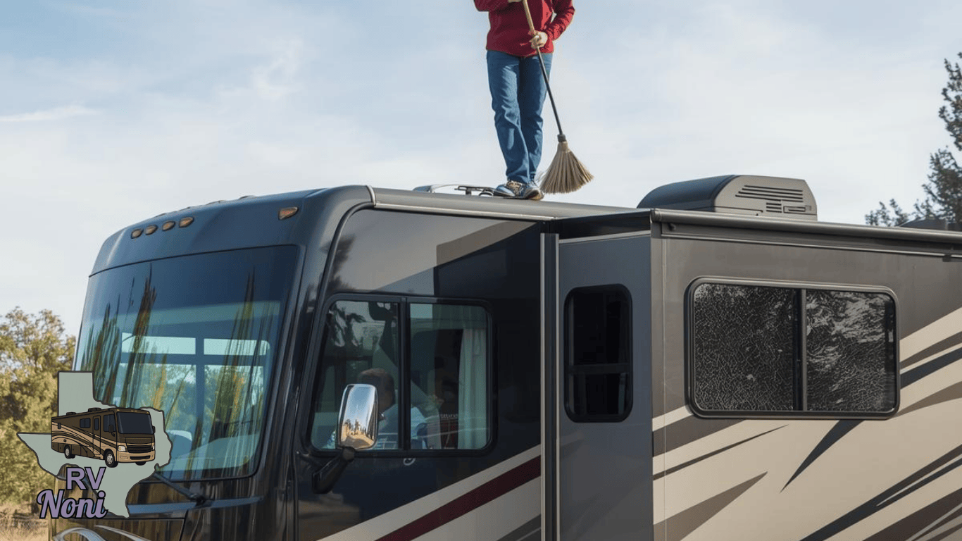 RV Slide Care Man sweeping the slides of RV